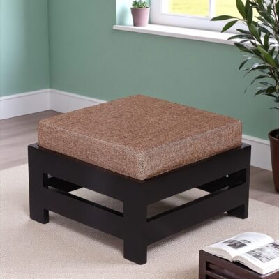 Ikiriya Amber Sheesham Wood Contemporary Square Foot Stool in Extra Dark Mahagony Finish with Jute Beige Cushion
