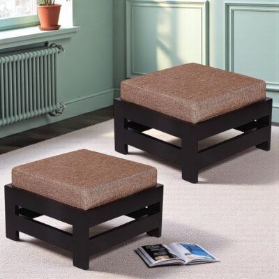 Ikiriya Amber Sheesham Wood Contemporary Square Set of 2 Foot Stools in Extra Dark Mahagony Finish with Jute Beige Cushion
