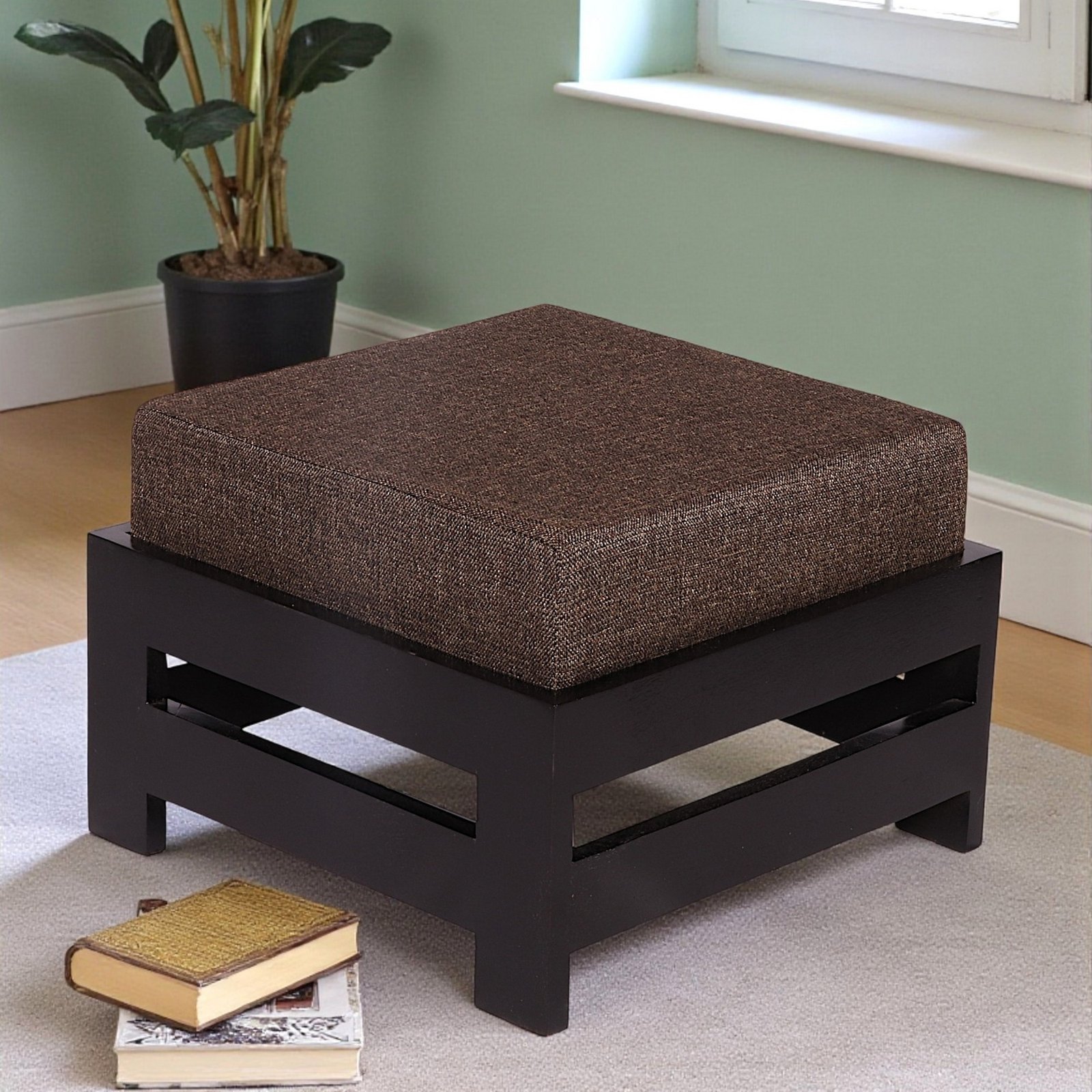 Ikiriya Amber Sheesham Wood Contemporary Square Foot Stool in Extra Dark Mahagony Finish with Jute Brown Cushion