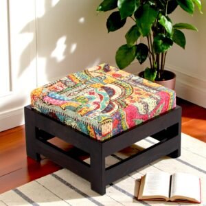 Ikiriya Amber Sheesham Wood Bohemian Square Stool in Dark Mahagony Finish with Israel Print Patchwork Kantha Cushion