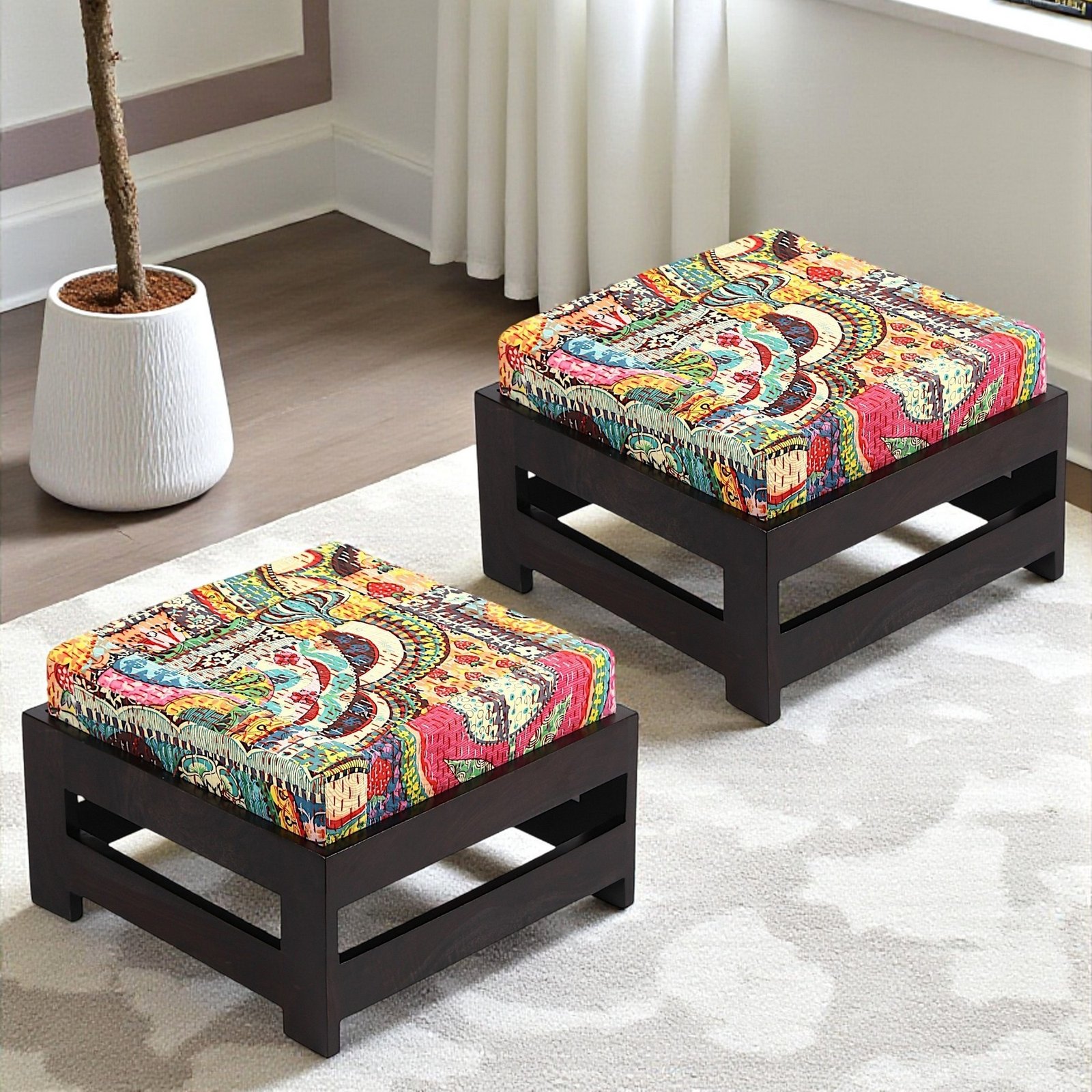 Ikiriya Amber Sheesham Wood Bohemian Square Set of 2 Stools in Dark Mahagony Finish with Israel Print Patchwork Kantha Cushion