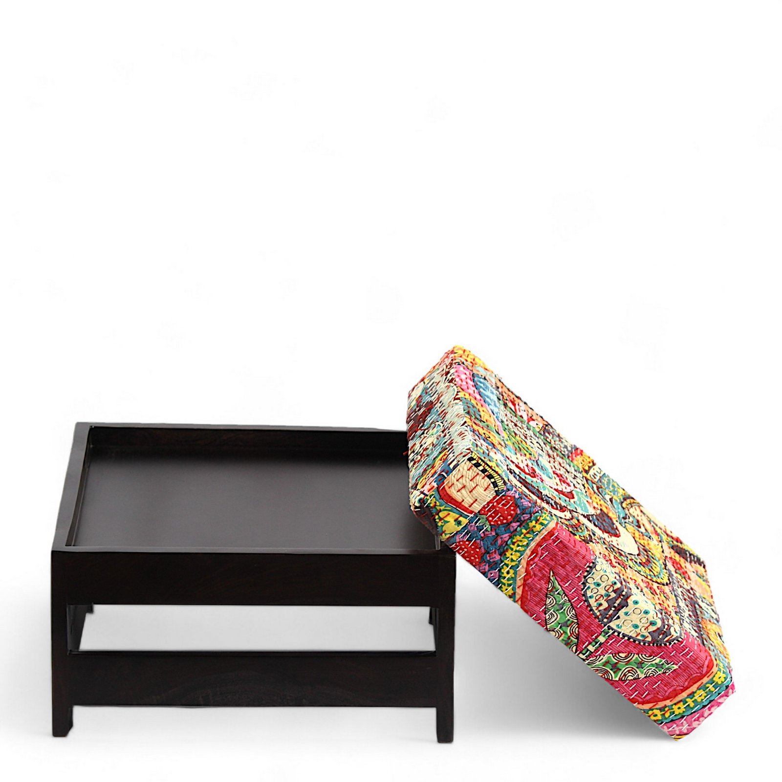 Ikiriya Amber Sheesham Wood Bohemian Square Set of 2 Stools in Dark Mahagony Finish with Israel Print Patchwork Kantha Cushion - Image 2