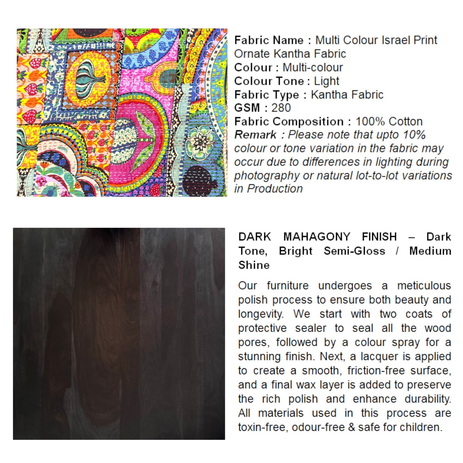 Ikiriya Amber Sheesham Wood Bohemian Square Set of 2 Stools in Dark Mahagony Finish with Israel Print Patchwork Kantha Cushion - Image 3