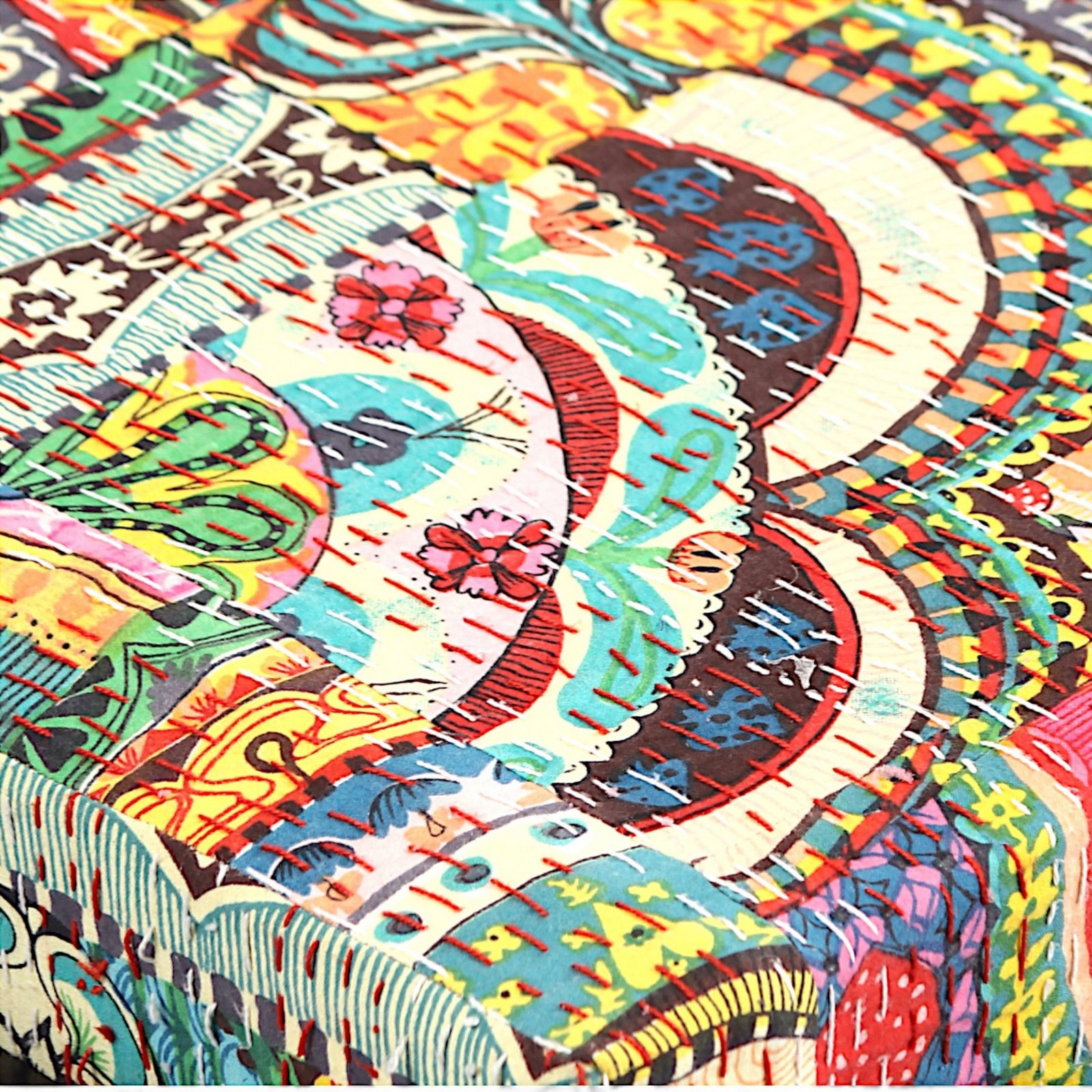 Ikiriya Amber Sheesham Wood Bohemian Square Set of 2 Stools in Dark Mahagony Finish with Israel Print Patchwork Kantha Cushion - Image 5