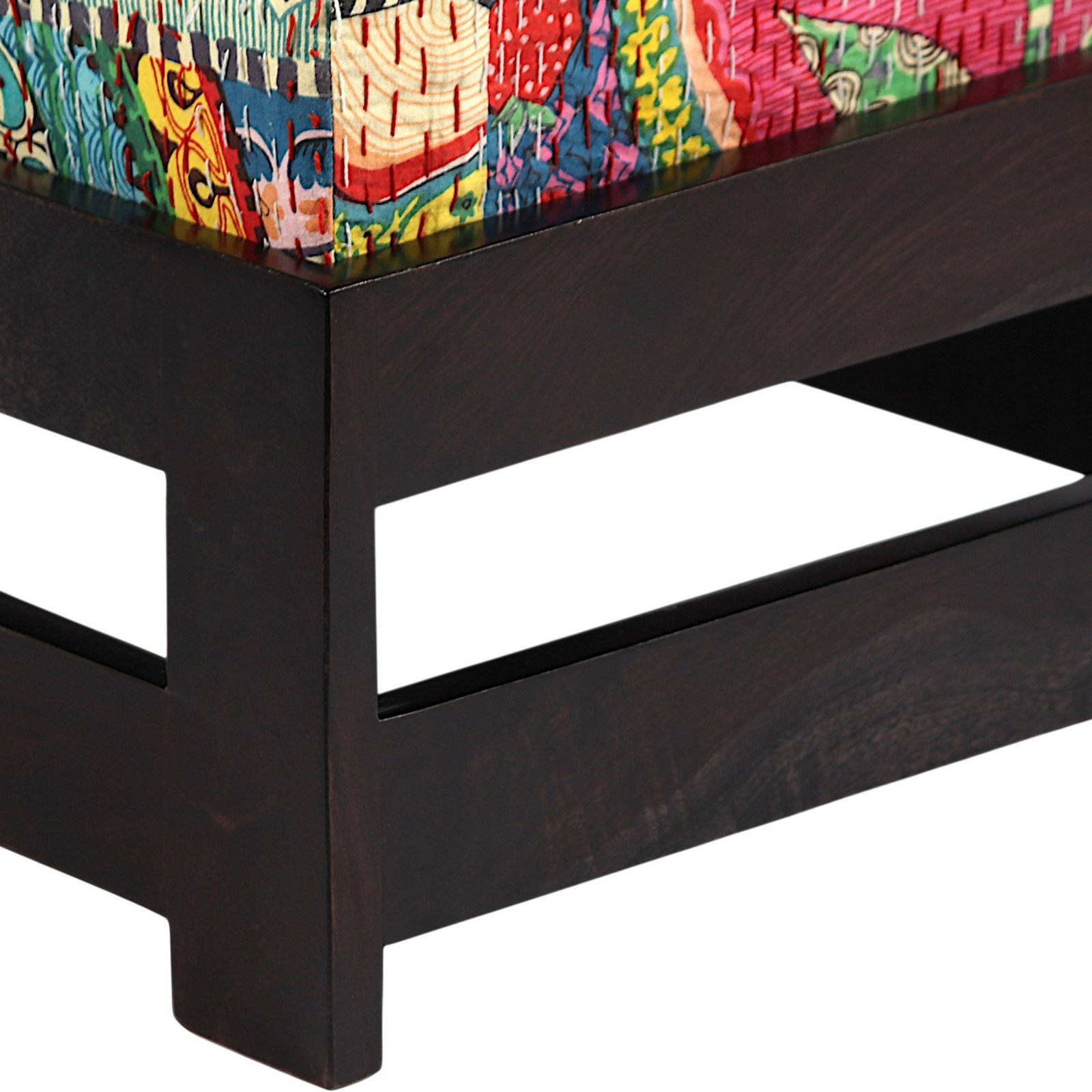 Ikiriya Amber Sheesham Wood Bohemian Square Set of 2 Stools in Dark Mahagony Finish with Israel Print Patchwork Kantha Cushion - Image 6