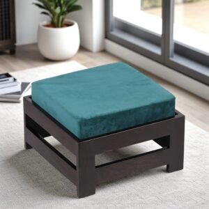 Ikiriya Amber Sheesham Wood Contemporary Square Stool in Dark Mahagony Finish with Turquoise Sea Velvet Cushion