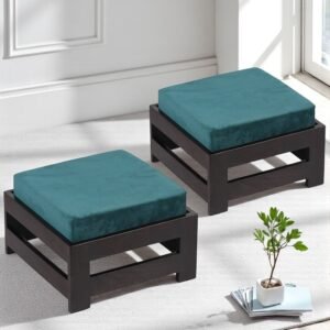 Ikiriya Amber Sheesham Wood Contemporary Square Set of 2 Stools in Dark Mahagony Finish with Turquoise Sea Velvet Cushion