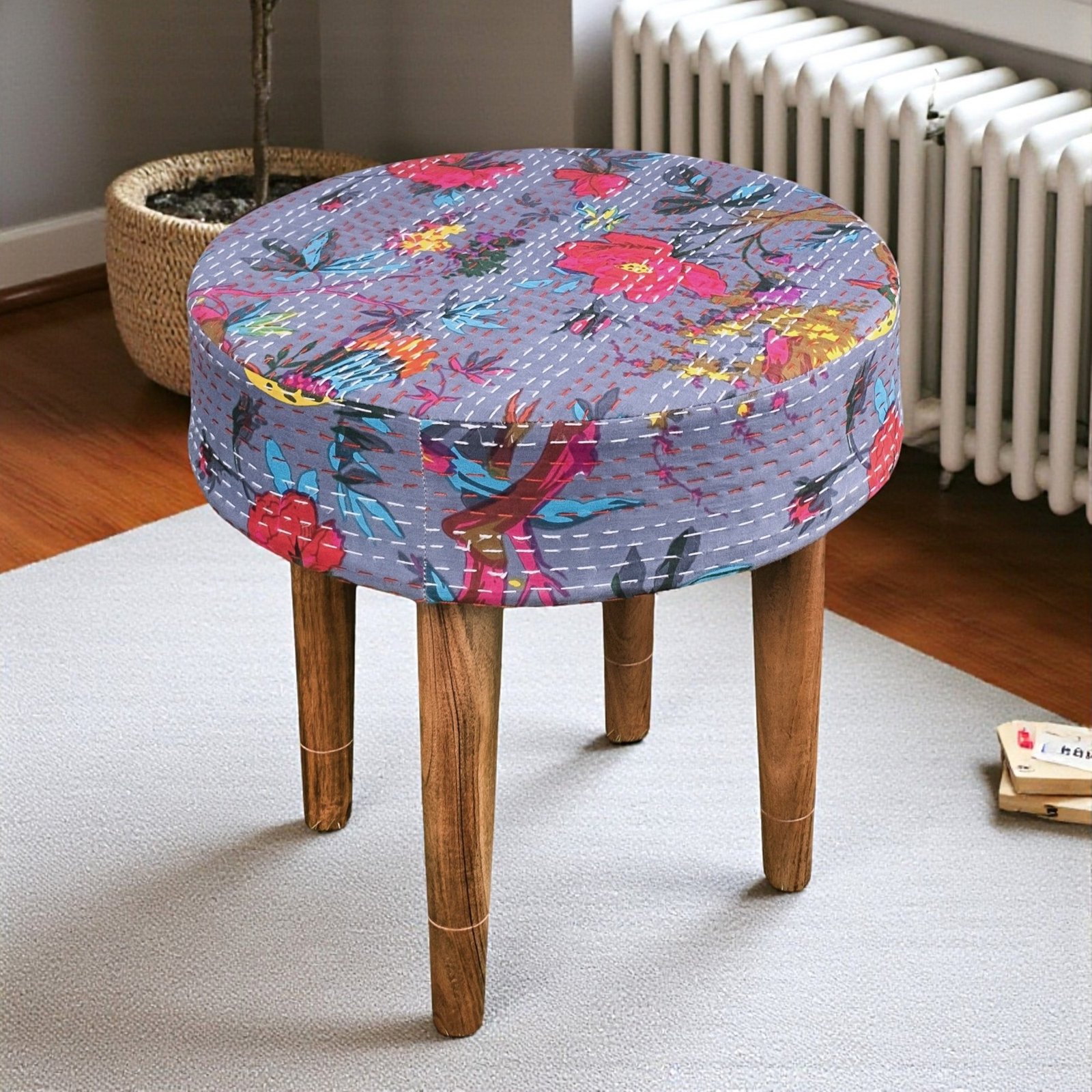 Ikiriya Nayla Sheesham Wood Mid Century Round Stool in Grey Brid Print Kantha Upholstery