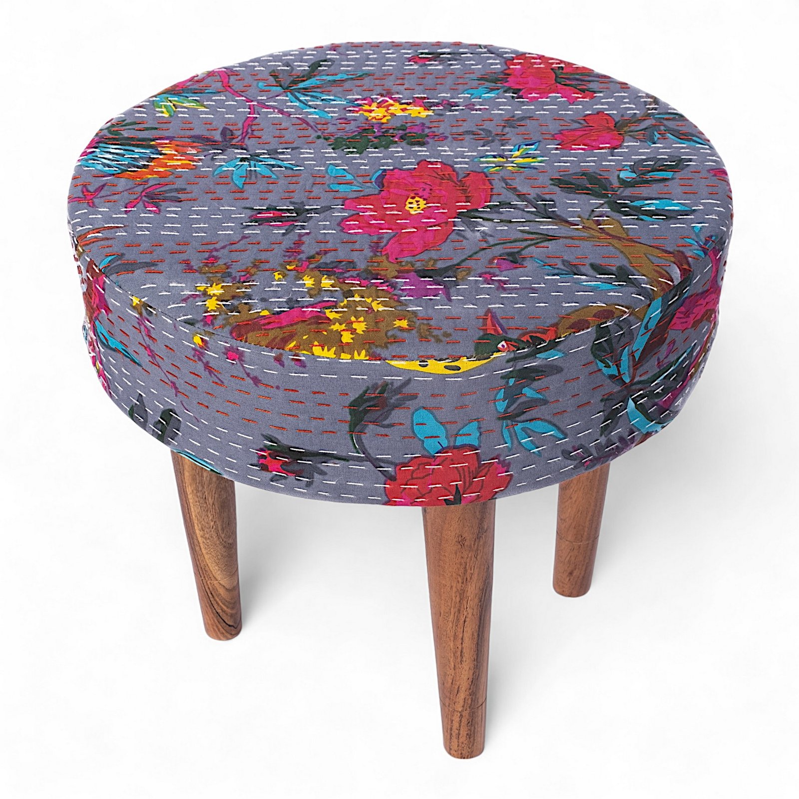 Ikiriya Nayla Sheesham Wood Mid Century Round Stool in Grey Brid Print Kantha Upholstery - Image 2