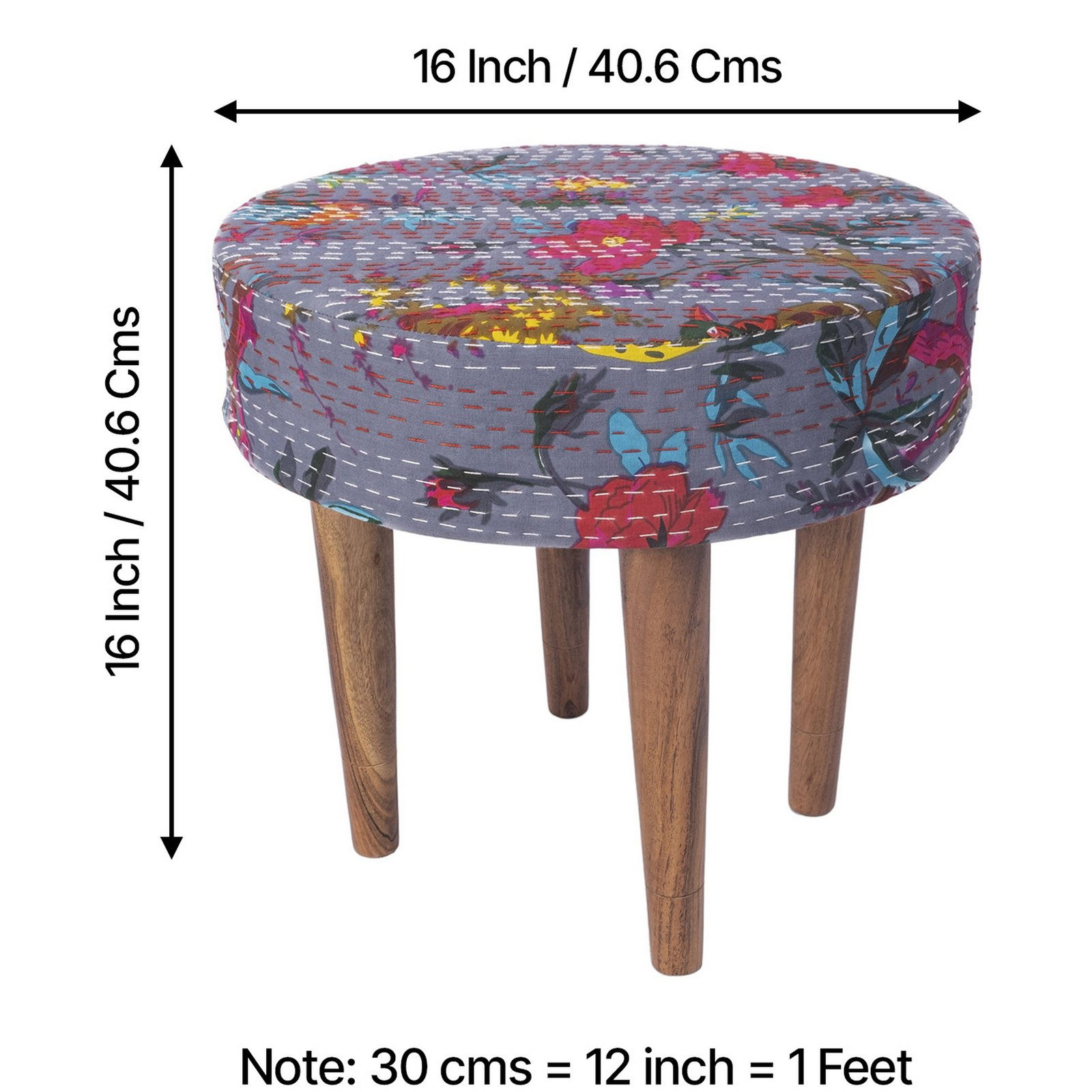 Ikiriya Nayla Sheesham Wood Mid Century Round Stool in Grey Brid Print Kantha Upholstery - Image 4