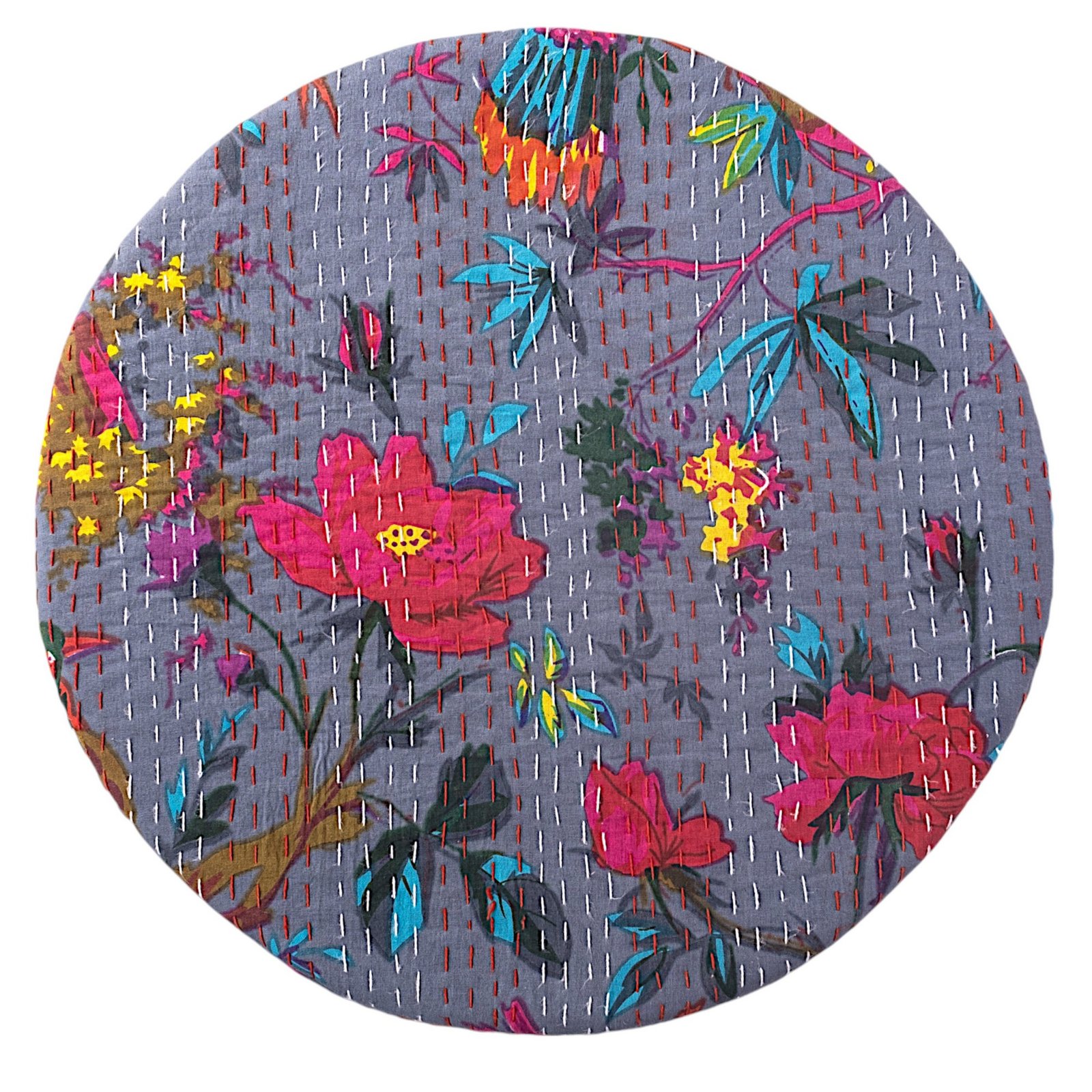 Ikiriya Nayla Sheesham Wood Mid Century Round Stool in Grey Brid Print Kantha Upholstery - Image 7