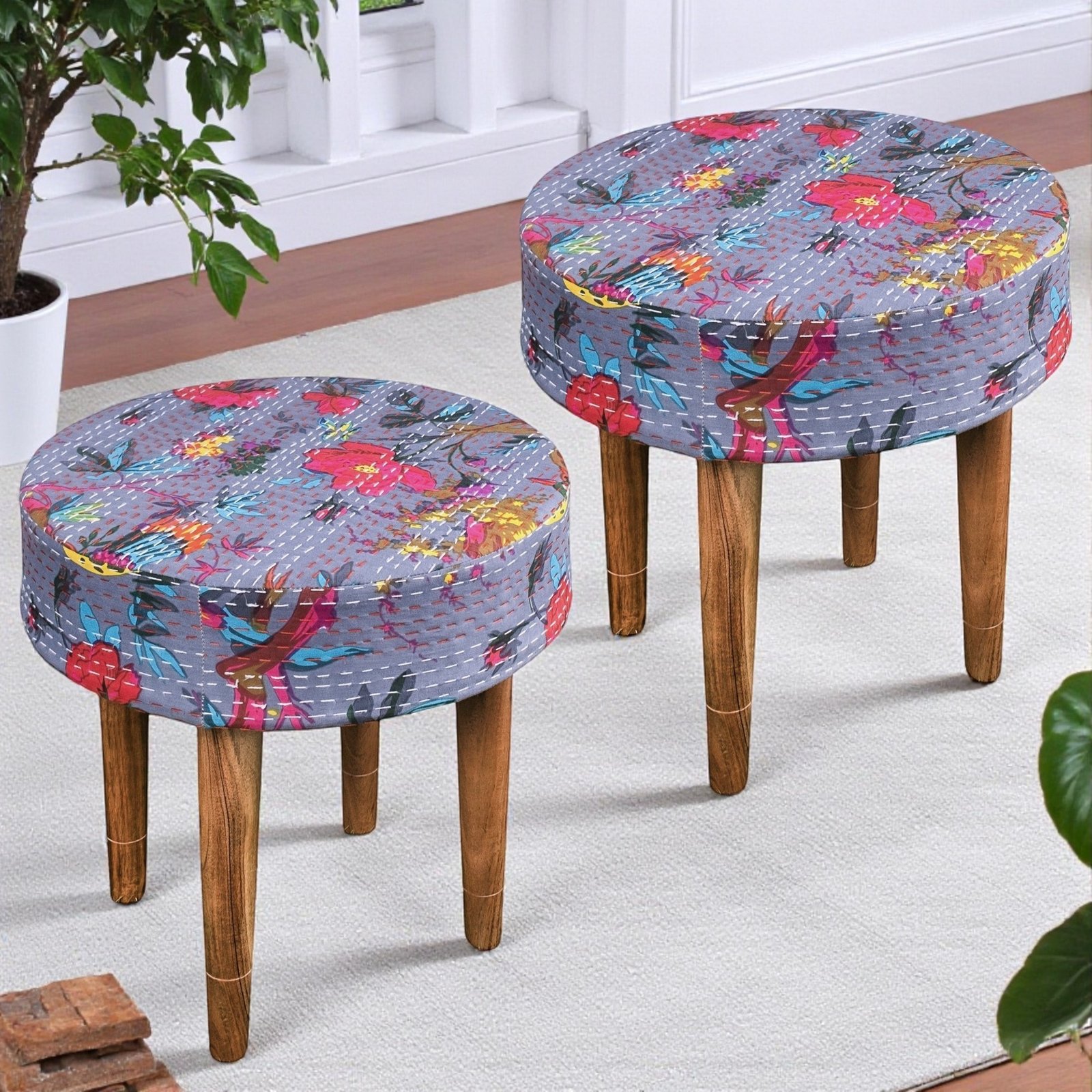 Ikiriya Nayla Sheesham Wood Mid Century Round Stool in Grey Brid Print Kantha Upholstery - Image 9