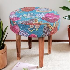 Ikiriya Nayla Sheesham Wood Mid Century Round Stool in Sea Green Fruit Print Kantha Upholstery