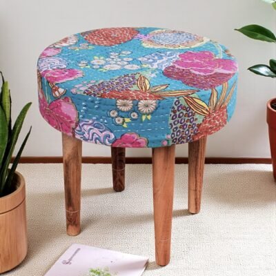 Ikiriya Nayla Sheesham Wood Mid Century Round Stool in Sea Green Fruit Print Kantha Upholstery