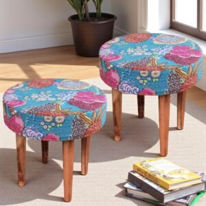 Ikiriya Nayla Sheesham Wood Mid Century Round Set of 2 Stools in Sea Green Fruit Print Kantha Upholstery