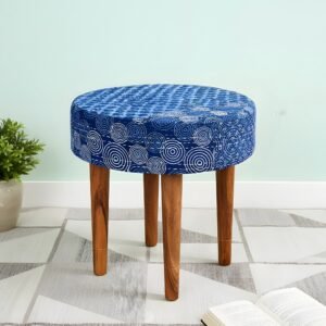 Ikiriya Nayla Sheesham Wood Mid Century Round Stool in indigo Patchwork Kantha Upholstery