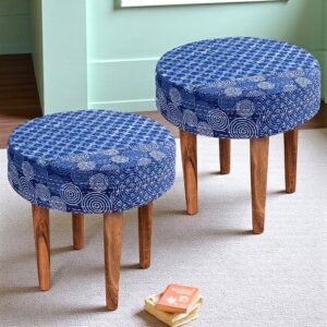 Ikiriya Nayla Sheesham Wood Mid Century Round Set of 2 Stools in indigo Patchwork Kantha Upholstery