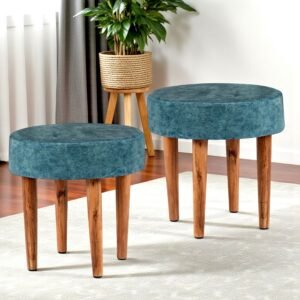 Ikiriya Nayla Sheesham Wood Contemporary Round Set of 2 Stools in Blue Jacquard Work Fabric Upholstery