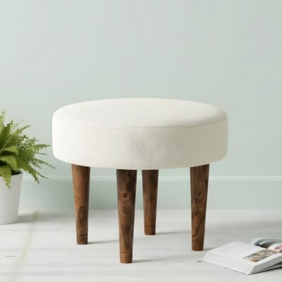 Ikiriya Nayla Sheesham Wood Contemporary Round Stool in Jute White Upholstery