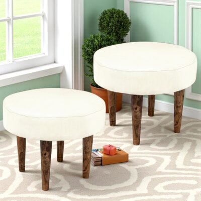 Ikiriya Nayla Sheesham Wood Contemporary Round Set of 2 Stools in Jute White Upholstery