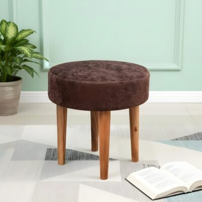 Ikiriya Nayla Sheesham Wood Contemporary Round Stool in Caramel Brown Sparkle Velvet Upholstery