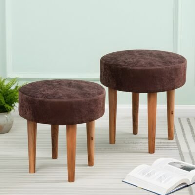 Ikiriya Nayla Sheesham Wood Contemporary Round Set of 2 Stools in Caramel Brown Sparkle Velvet Upholstery