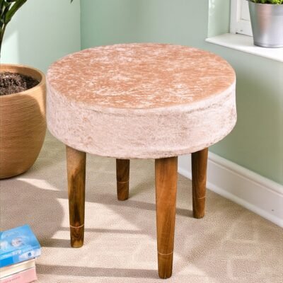 Ikiriya Nayla Sheesham Wood Contemporary Round Stool in Beige Sparkle Velvet Upholstery