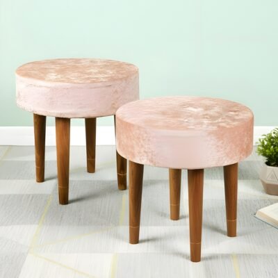 Ikiriya Nayla Sheesham Wood Contemporary Round Set of 2 Stools in Beige Sparkle Velvet Upholstery
