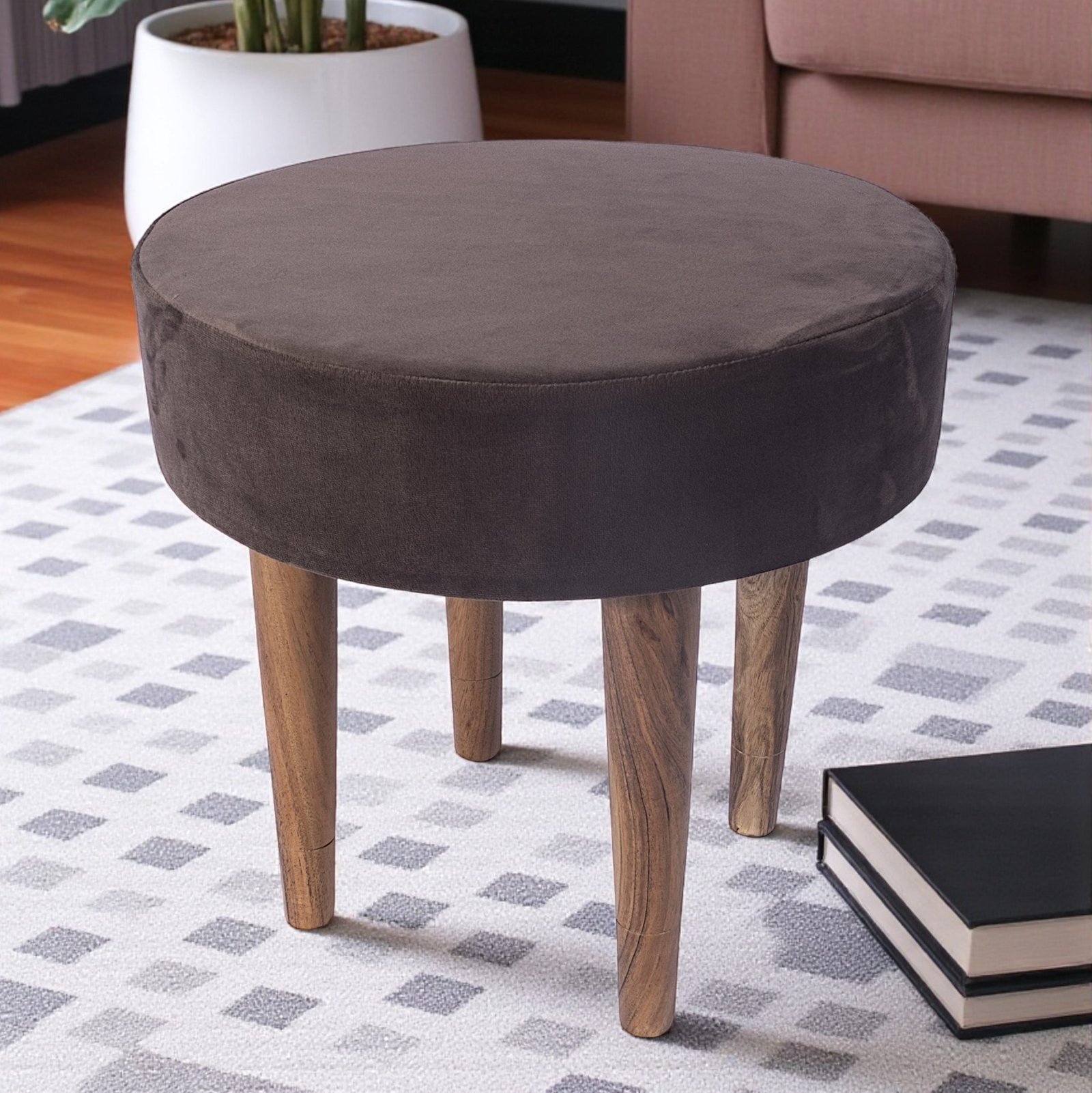 Ikiriya Nayla Sheesham Wood Contemporary Round Stool in Taupe Brown Velvet Upholstery