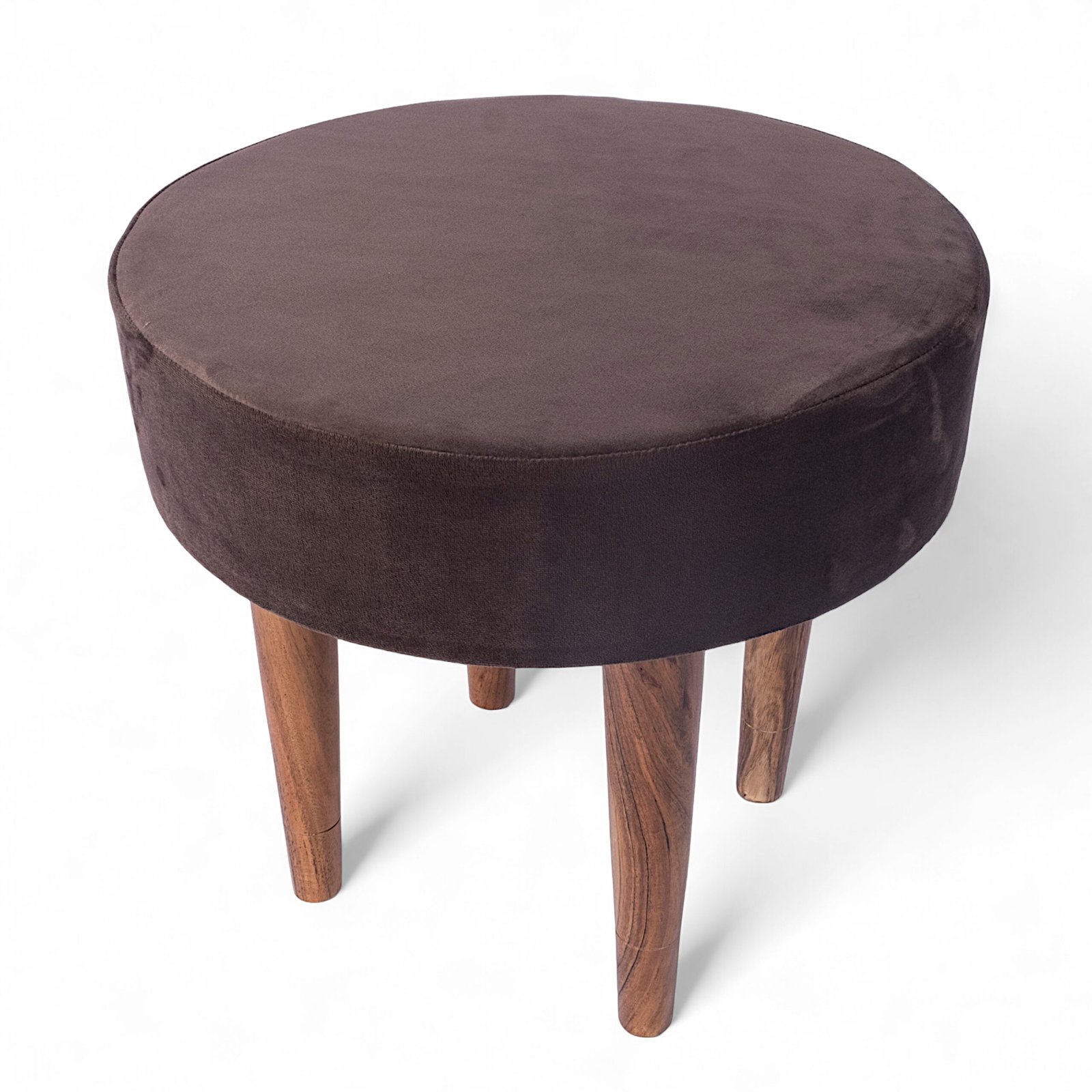 Ikiriya Nayla Sheesham Wood Contemporary Round Stool in Taupe Brown Velvet Upholstery - Image 7