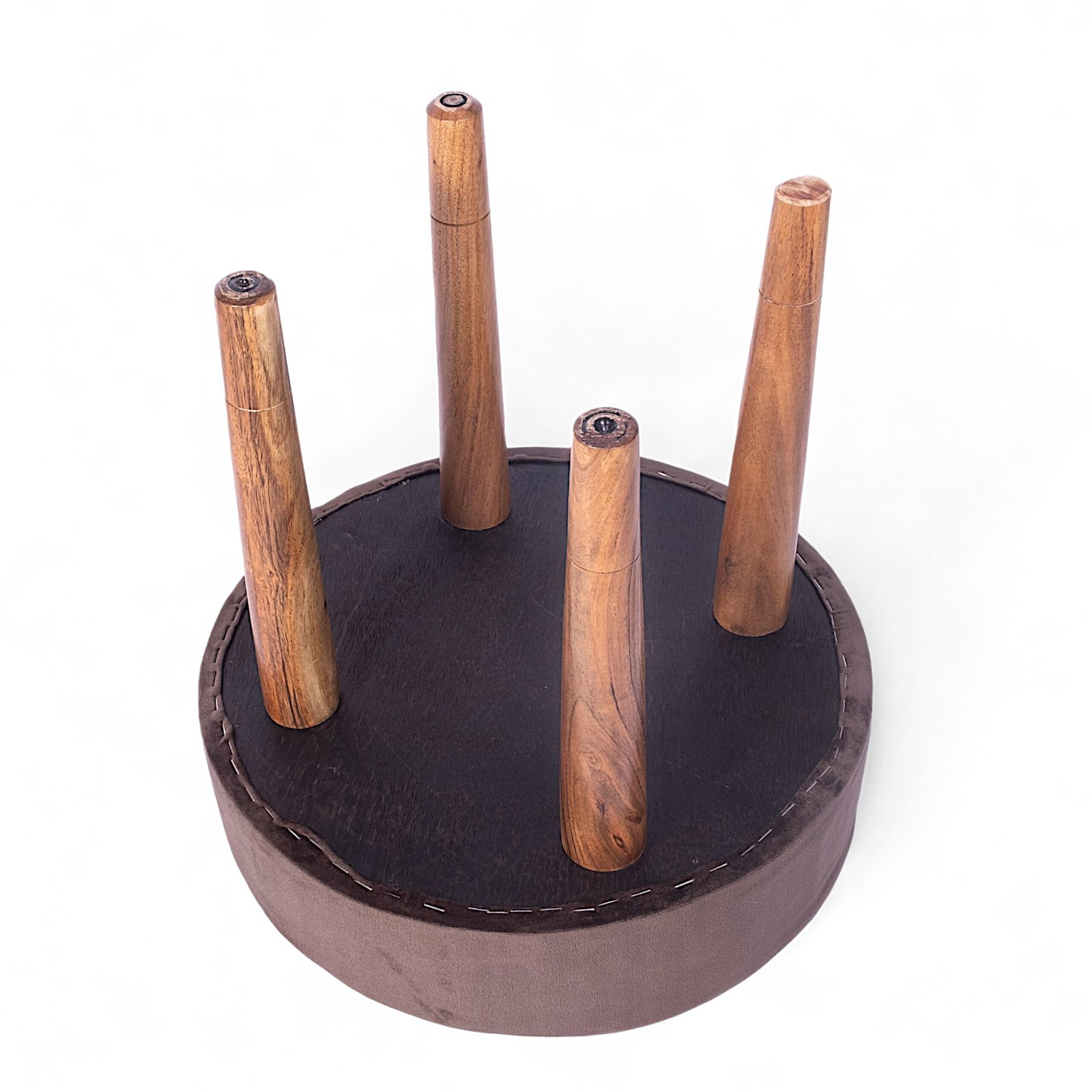 Ikiriya Nayla Sheesham Wood Contemporary Round Stool in Taupe Brown Velvet Upholstery - Image 3