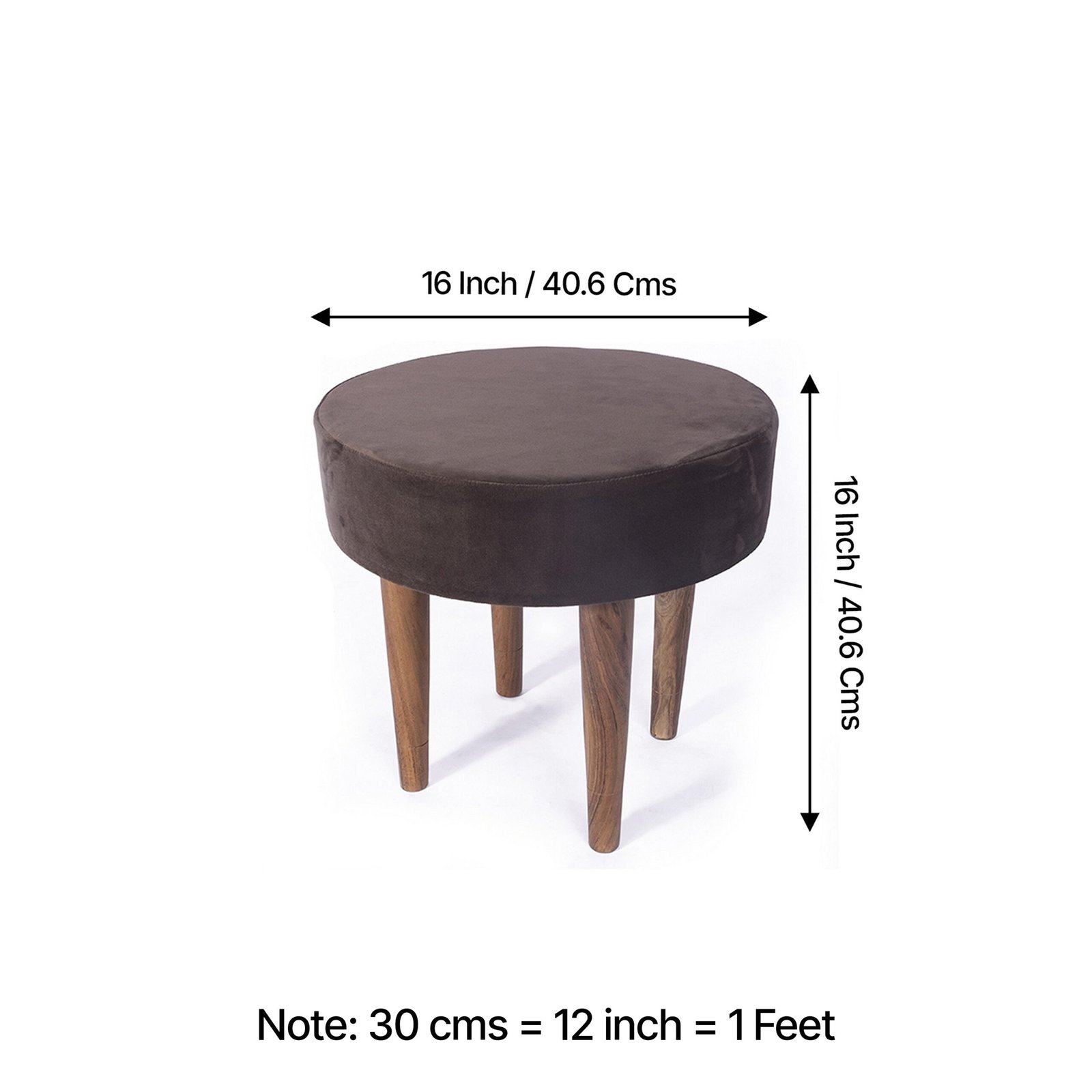 Ikiriya Nayla Sheesham Wood Contemporary Round Stool in Taupe Brown Velvet Upholstery - Image 2