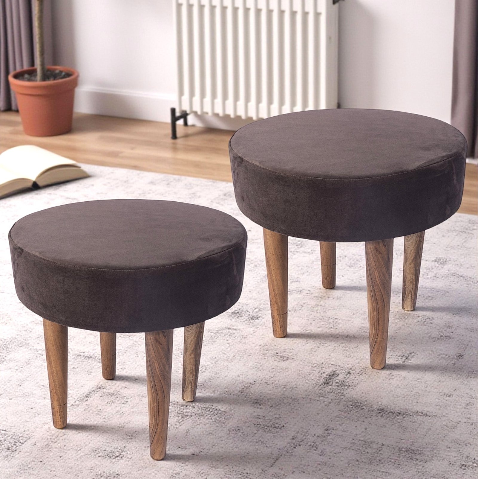 Ikiriya Nayla Sheesham Wood Contemporary Round Stool in Taupe Brown Velvet Upholstery - Image 8