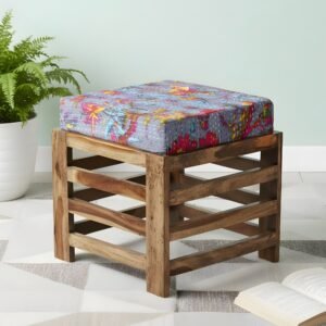 Ikiriya Houston Sheesham Wood Mid Century Square Stool in Teak Finish with Grey Brid Print Kantha Cushion