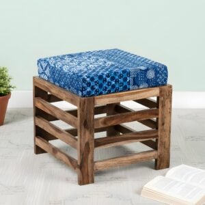 Ikiriya Houston Sheesham Wood Mid Century Square Stool in Teak Finish with indigo Patchwork Kantha Cushion