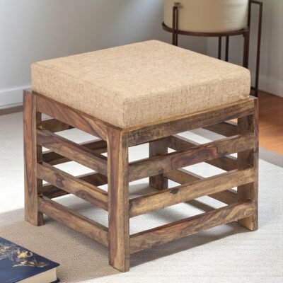 Ikiriya Houston Sheesham Wood Contemporary Square Stool in Teak Finish with Jute Beige Cushion