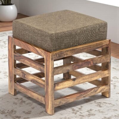 Ikiriya Houston Sheesham Wood Contemporary Square Stool in Teak Finish with Jute Brown Cushion