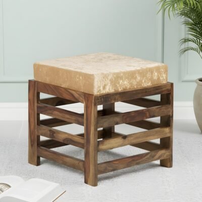 Ikiriya Houston Sheesham Wood Contemporary Square Stool in Teak Finish with Beige Sparkle Velvet Cushion