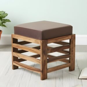 Ikiriya Houston Sheesham Wood Contemporary Square Stool in Teak Finish with Cedar Brown Velvet Cushion