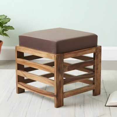 Ikiriya Houston Sheesham Wood Contemporary Square Stool in Teak Finish with Cedar Brown Velvet Cushion