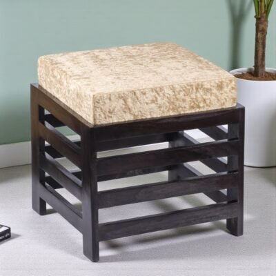 Ikiriya Houston Sheesham Wood Contemporary Square Stool in Extra Dark Mahagony Finish with Beige Sparkle Velvet Cushion