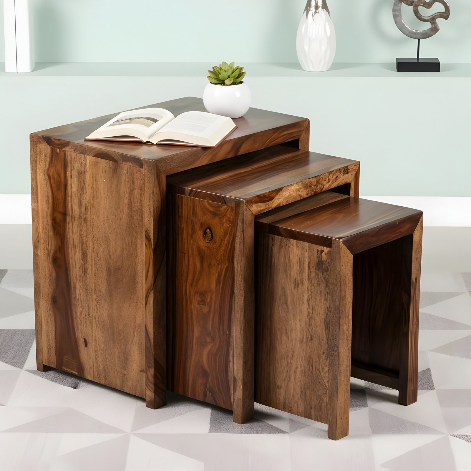 Ikiriya Oakland Sheesham Wood Contemporary Set of 3 Nesting Tables in Teak Finish